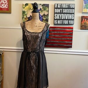 Matty M young womens skater dress with lace overlay, black/tan, size large